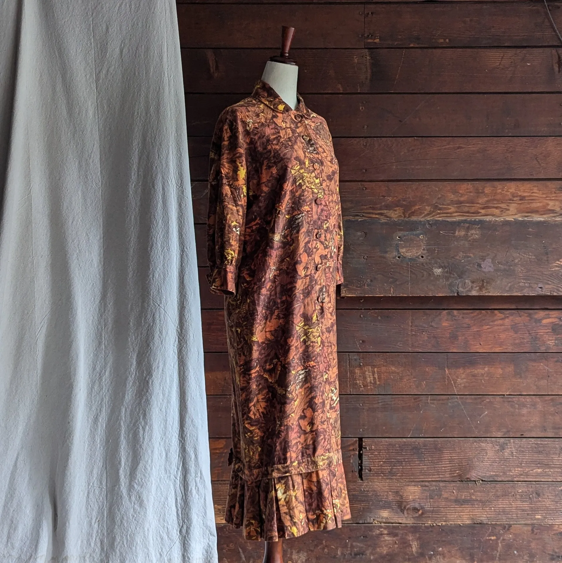 60s Vintage Autumnal Drop Waist Maxi Dress with Belt