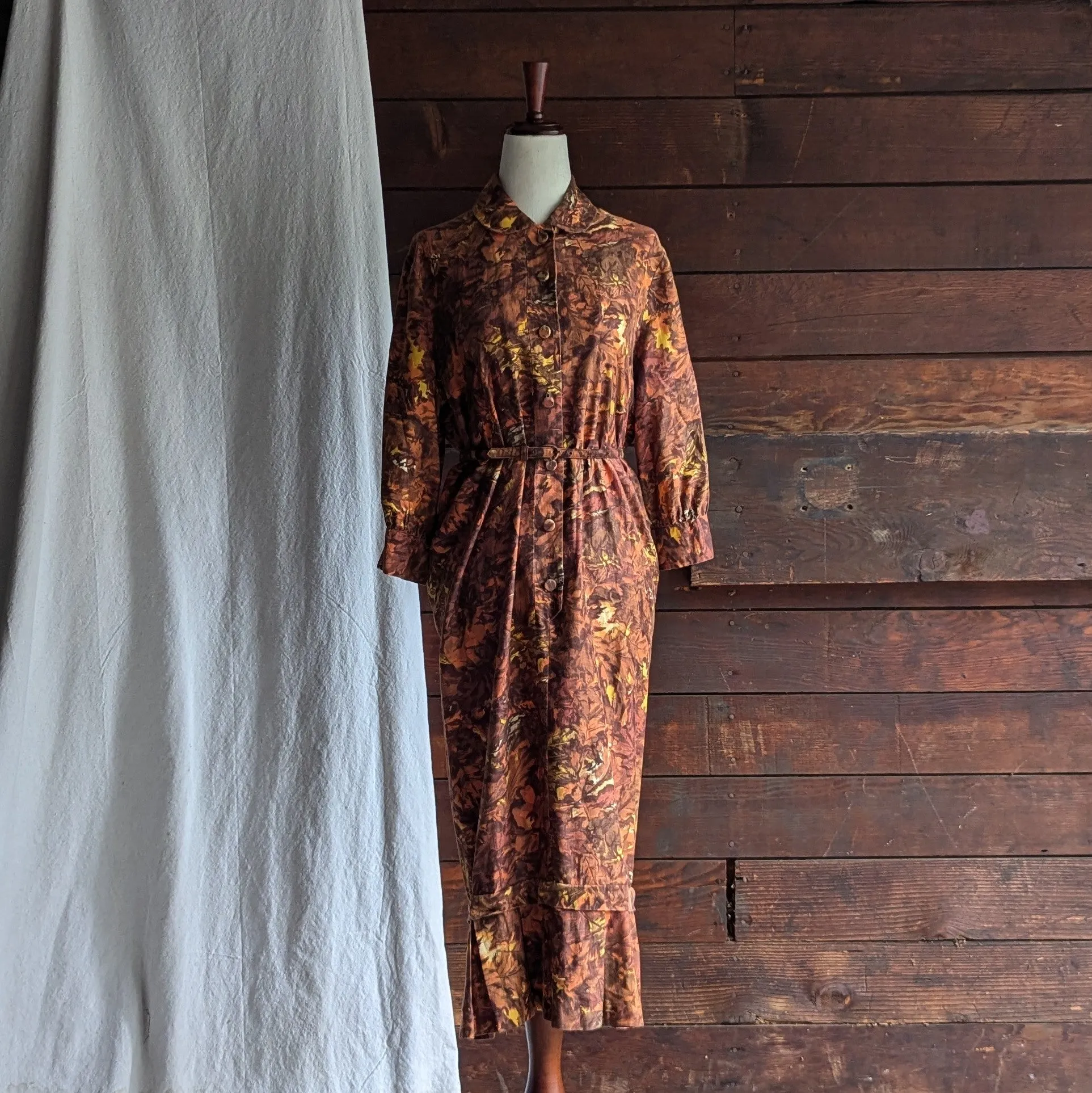 60s Vintage Autumnal Drop Waist Maxi Dress with Belt