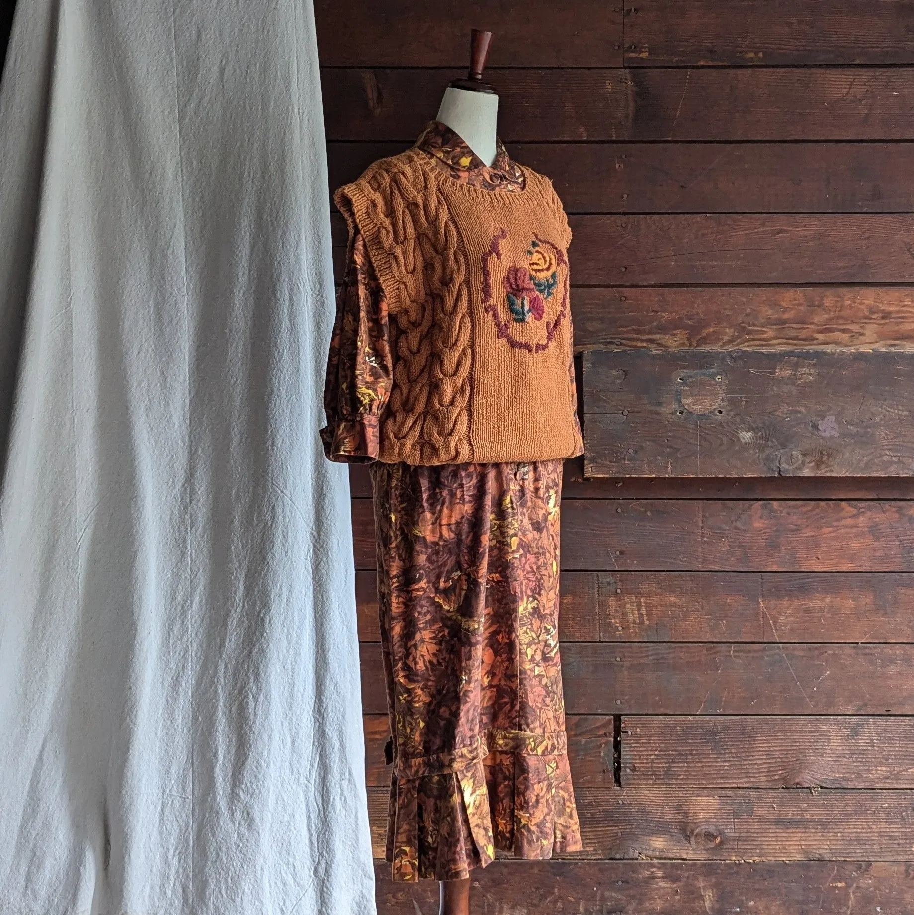 60s Vintage Autumnal Drop Waist Maxi Dress with Belt