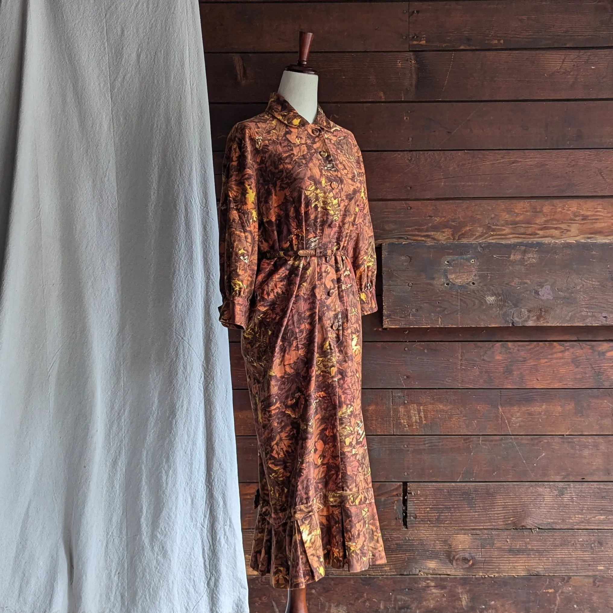 60s Vintage Autumnal Drop Waist Maxi Dress with Belt