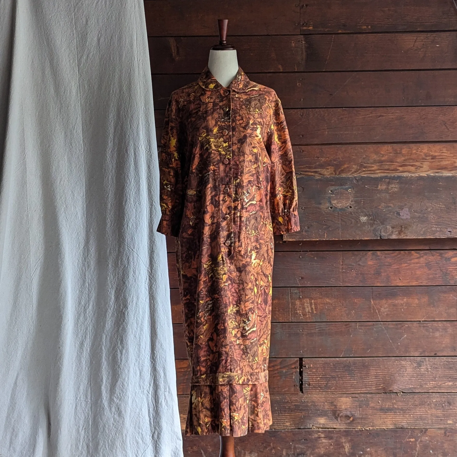 60s Vintage Autumnal Drop Waist Maxi Dress with Belt