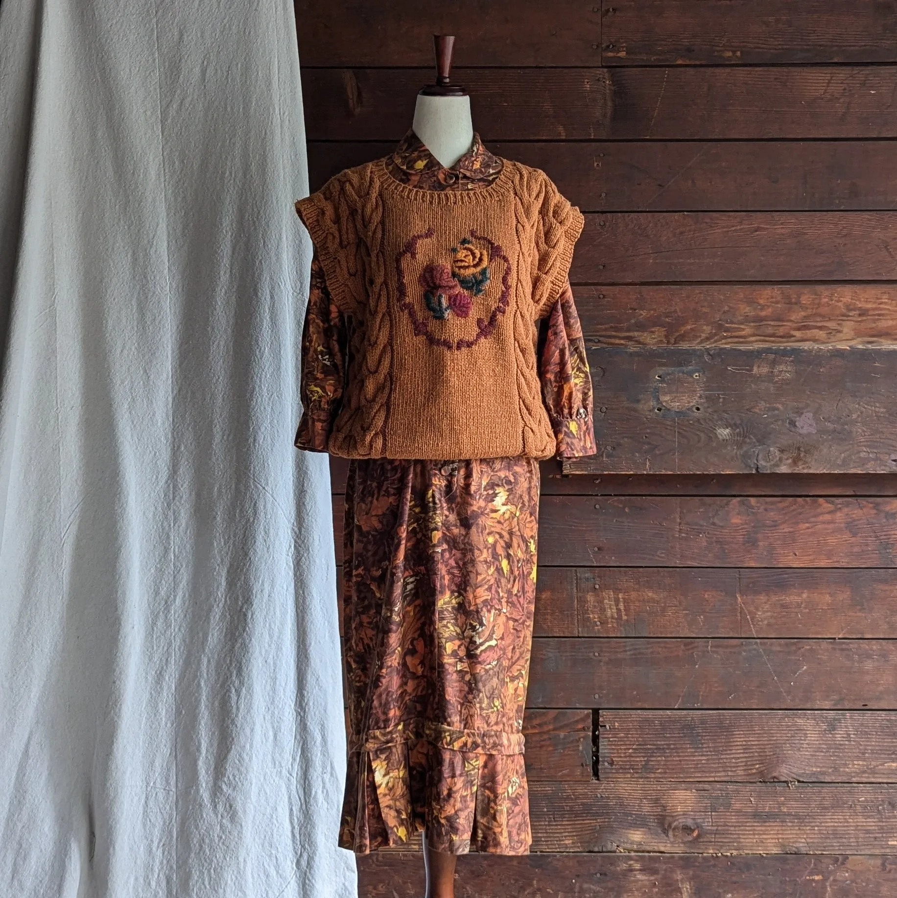 60s Vintage Autumnal Drop Waist Maxi Dress with Belt