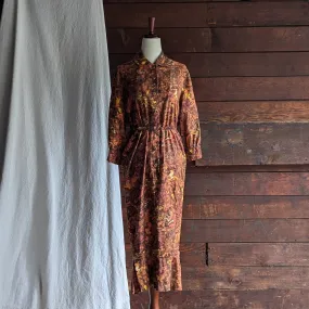 60s Vintage Autumnal Drop Waist Maxi Dress with Belt