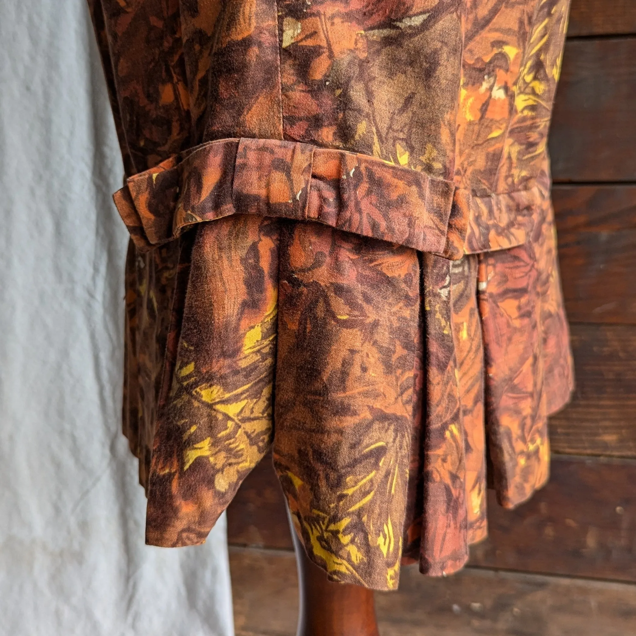 60s Vintage Autumnal Drop Waist Maxi Dress with Belt