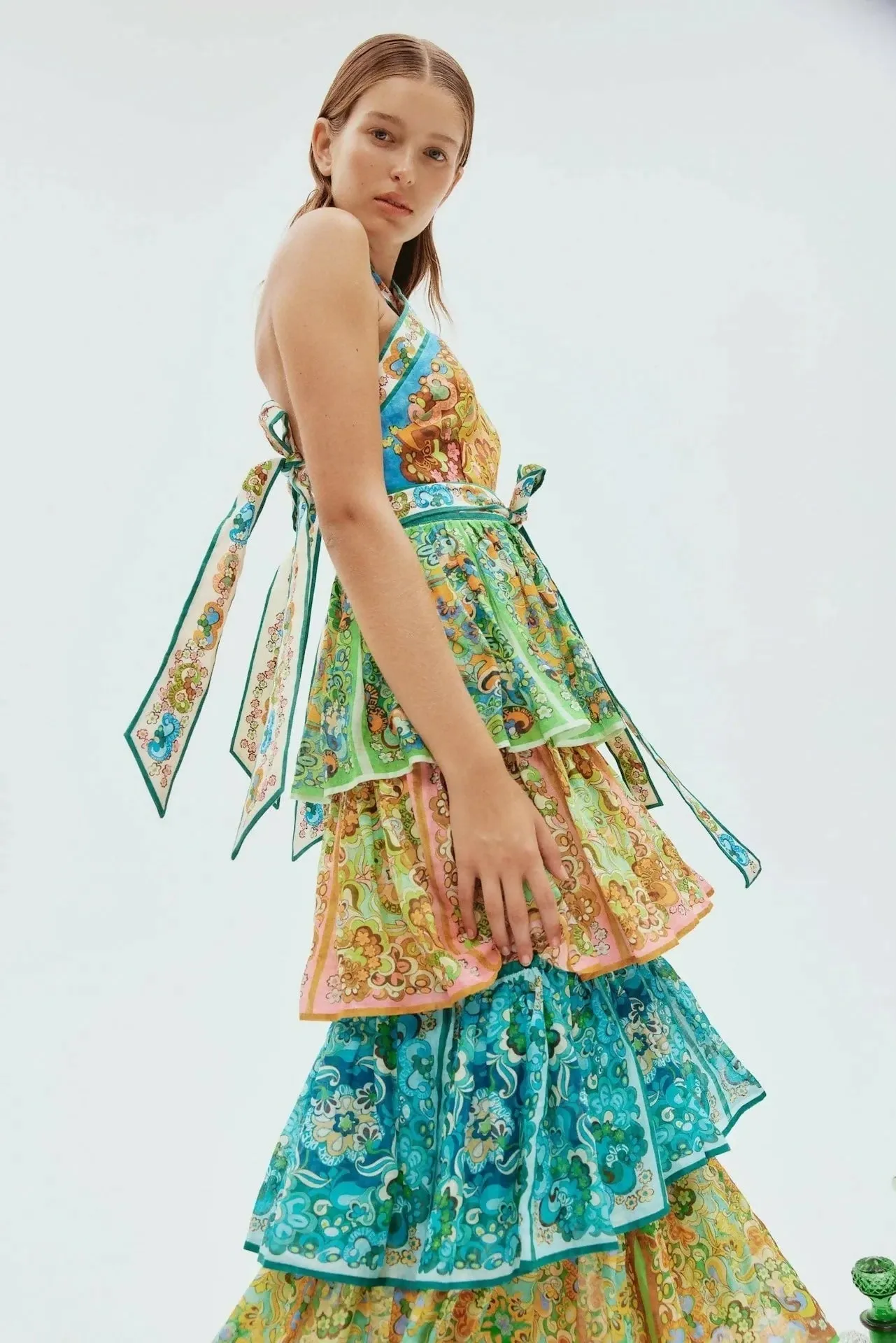 Alemais Dreamer Halter Tier Midi Dress Floral Size 6