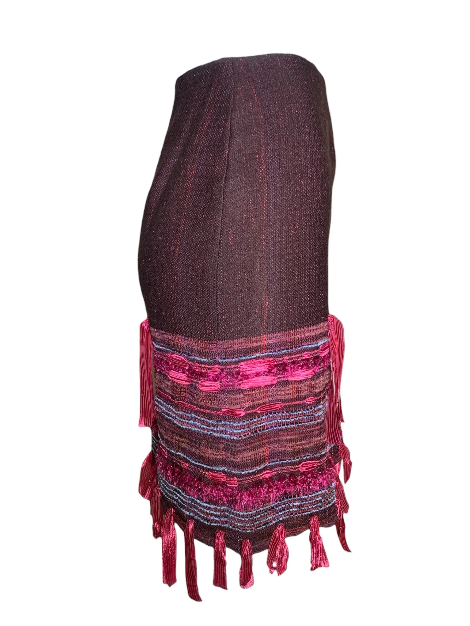 Anna Sui Fall 2004 Runway Burgundy Tweed and Pink Ribbon Bow Fringe NWT