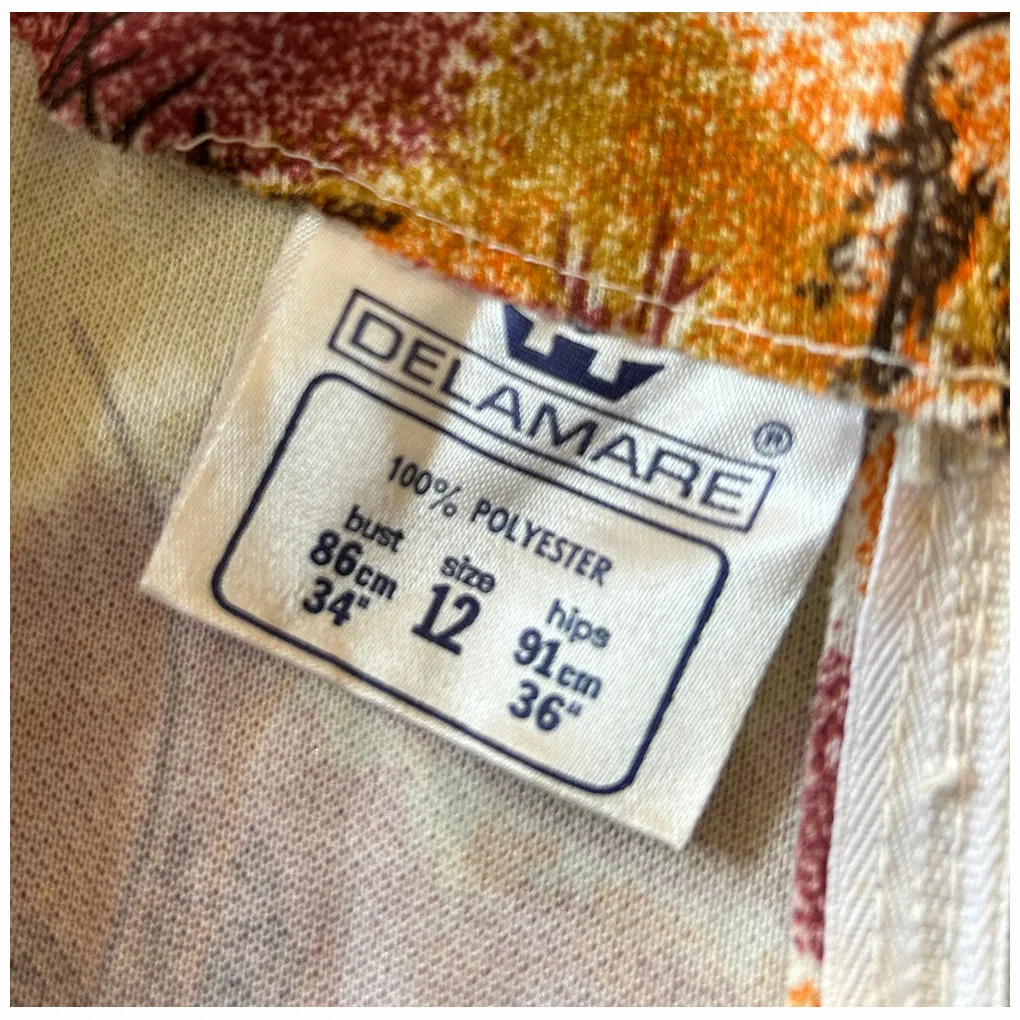 Autumn trees vintage 1970s square neck day dress
