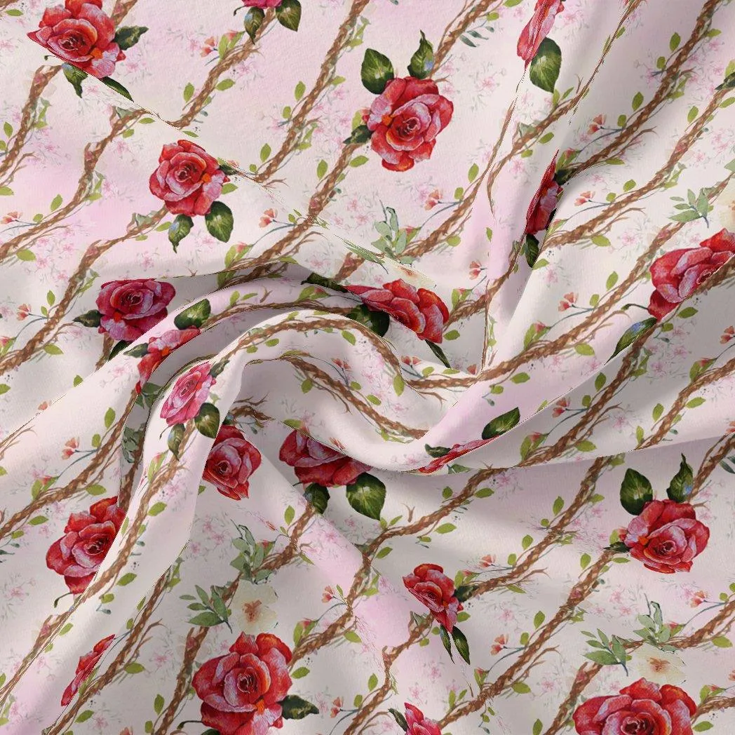 Autumnal Red Roses With Leaves Digital Printed Fabric