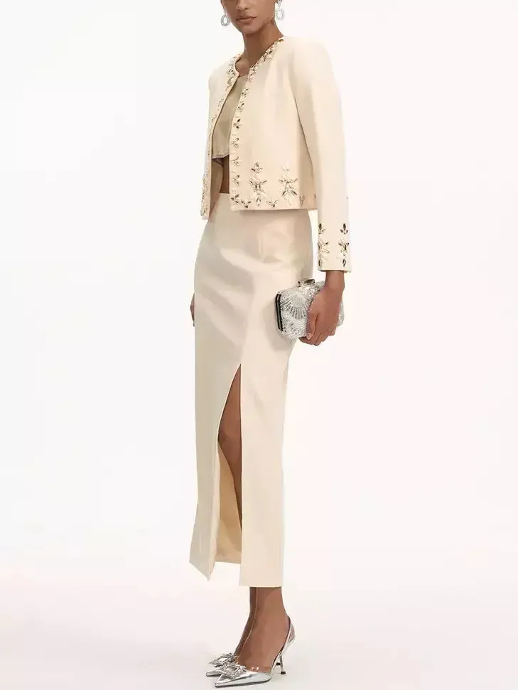 Bead-Embellished Cropped Jacket and Skirt Set