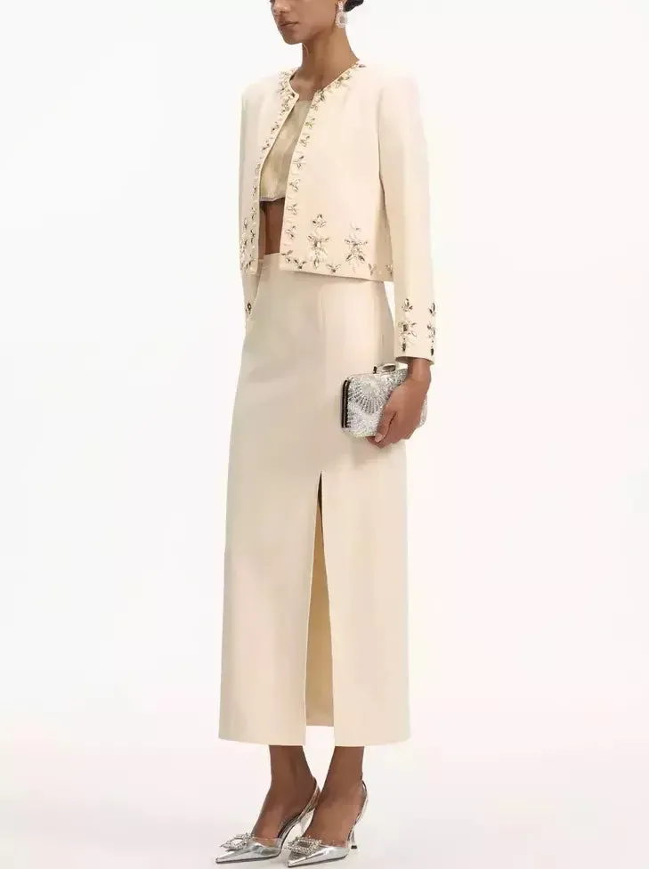 Bead-Embellished Cropped Jacket and Skirt Set