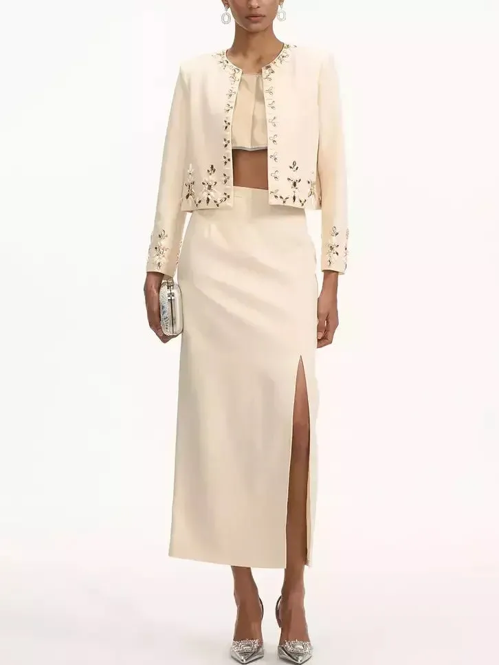 Bead-Embellished Cropped Jacket and Skirt Set