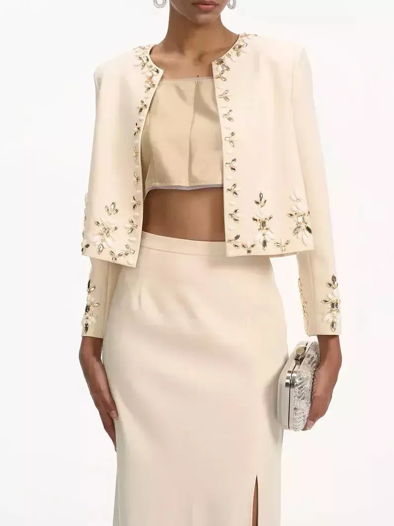 Bead-Embellished Cropped Jacket and Skirt Set