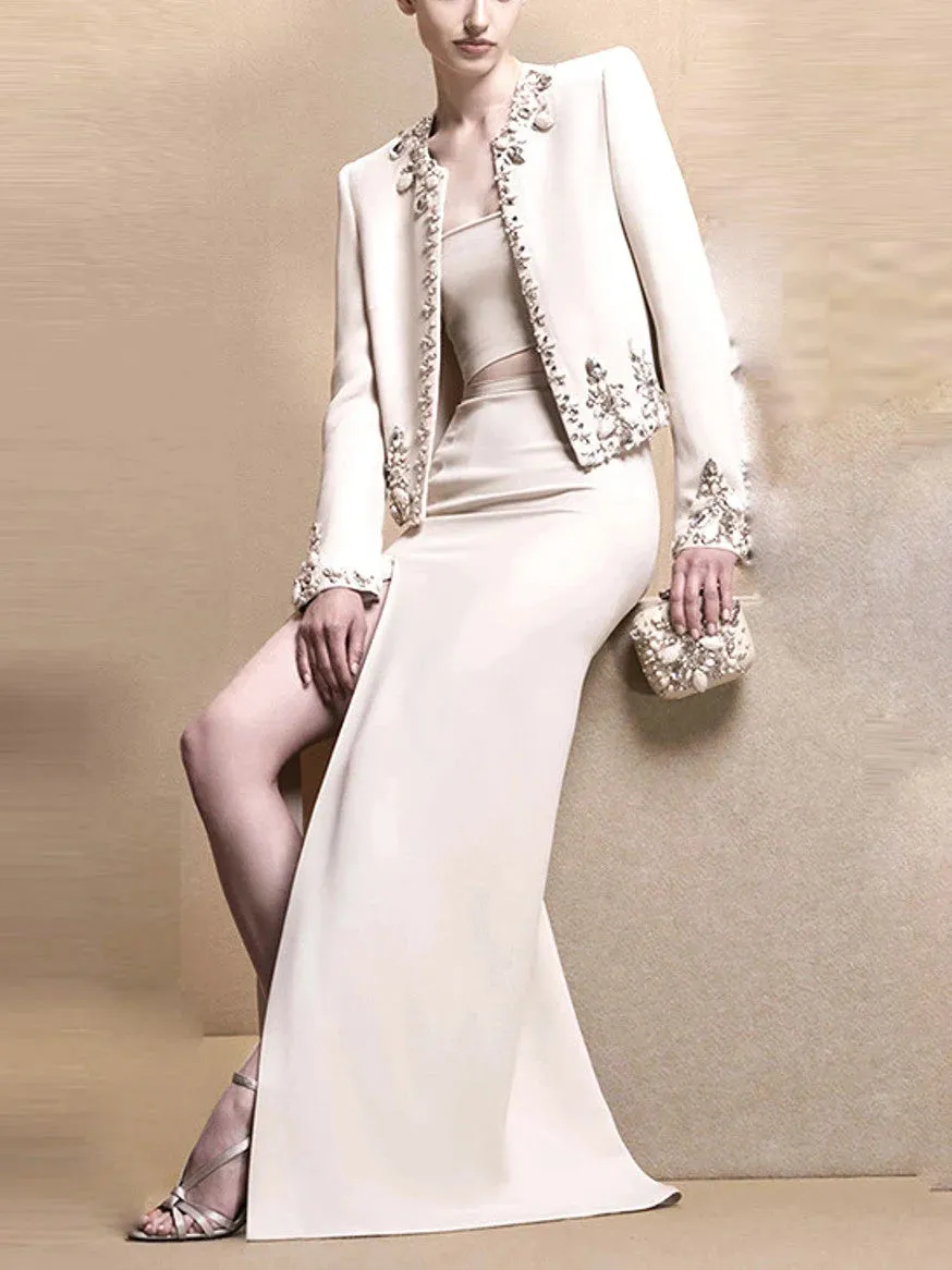 Bead-Embellished Cropped Jacket and Skirt Set