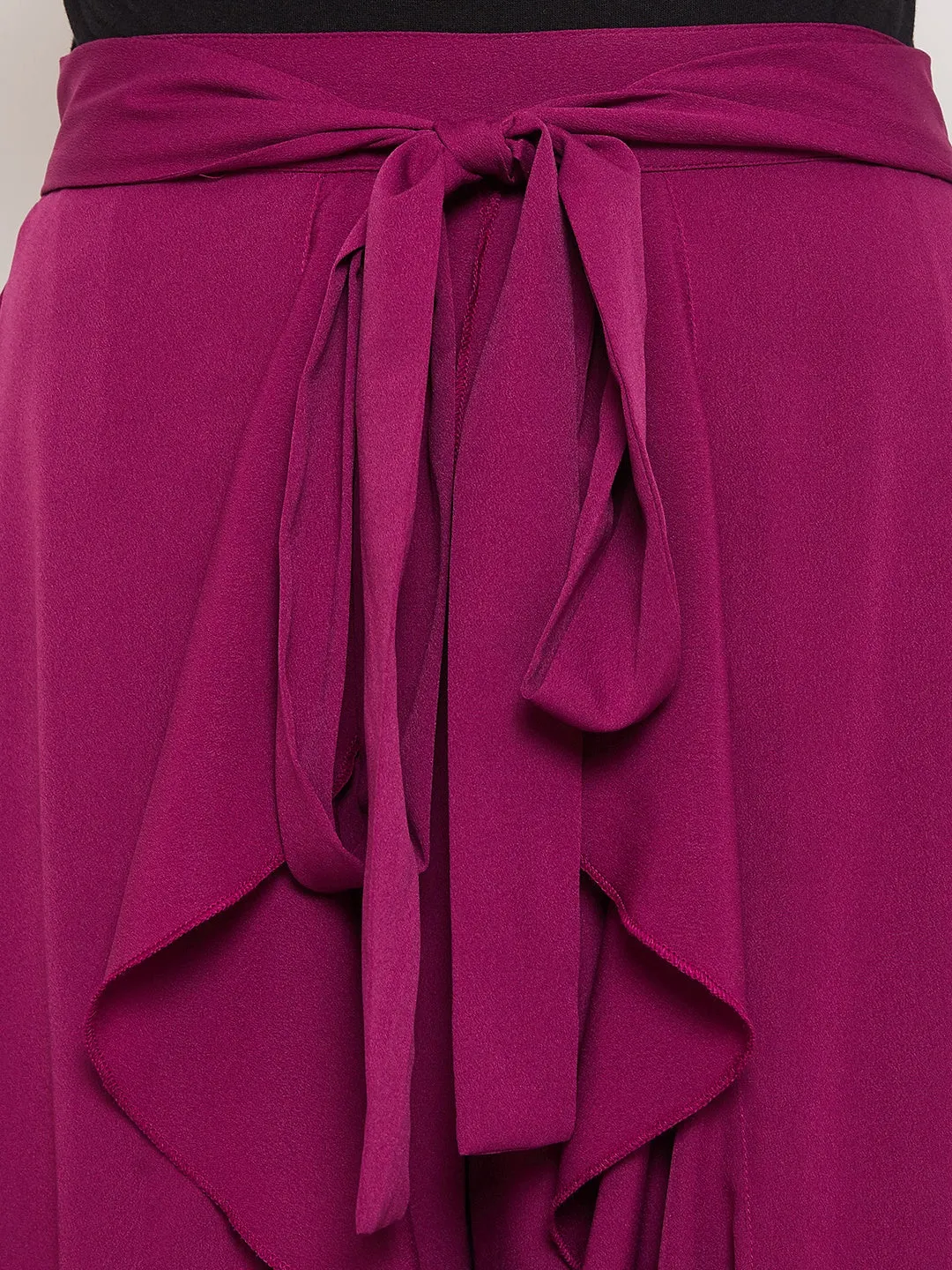 Berrylush Women Solid Purple Waist Tie-Up Ruffled Maxi Skirt With Attached Trousers