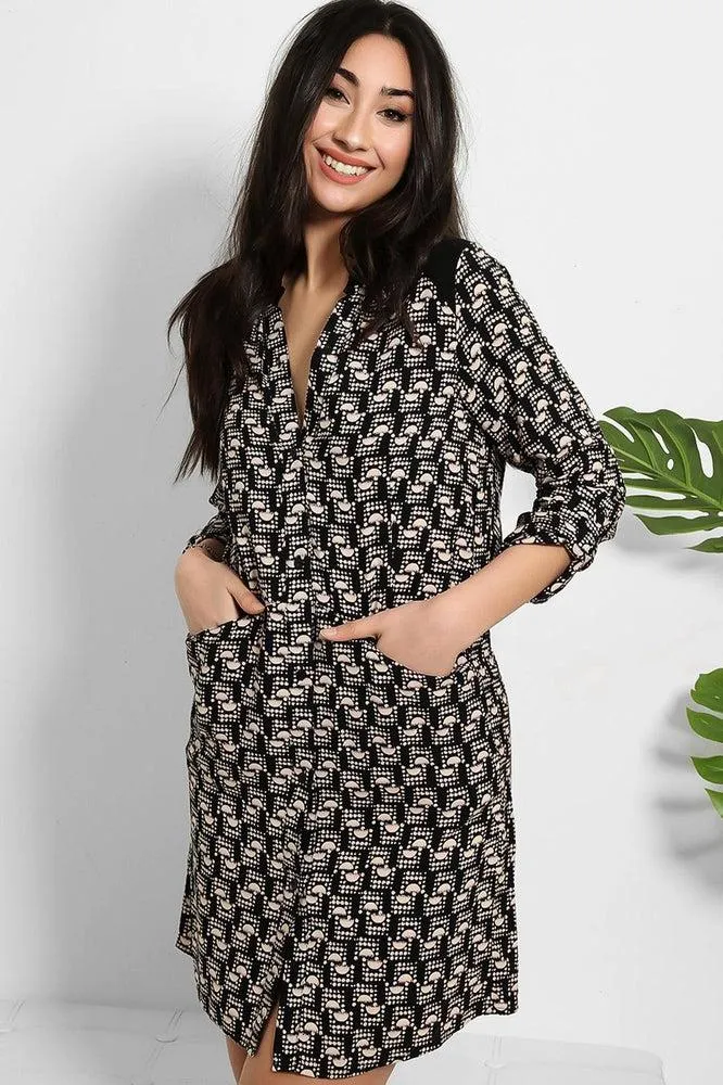 Black Abstract Print Shirt Dress