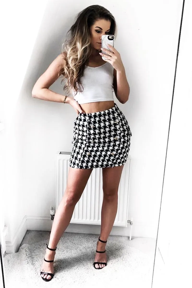 Black and White Check Button Front Skirt - Dalena