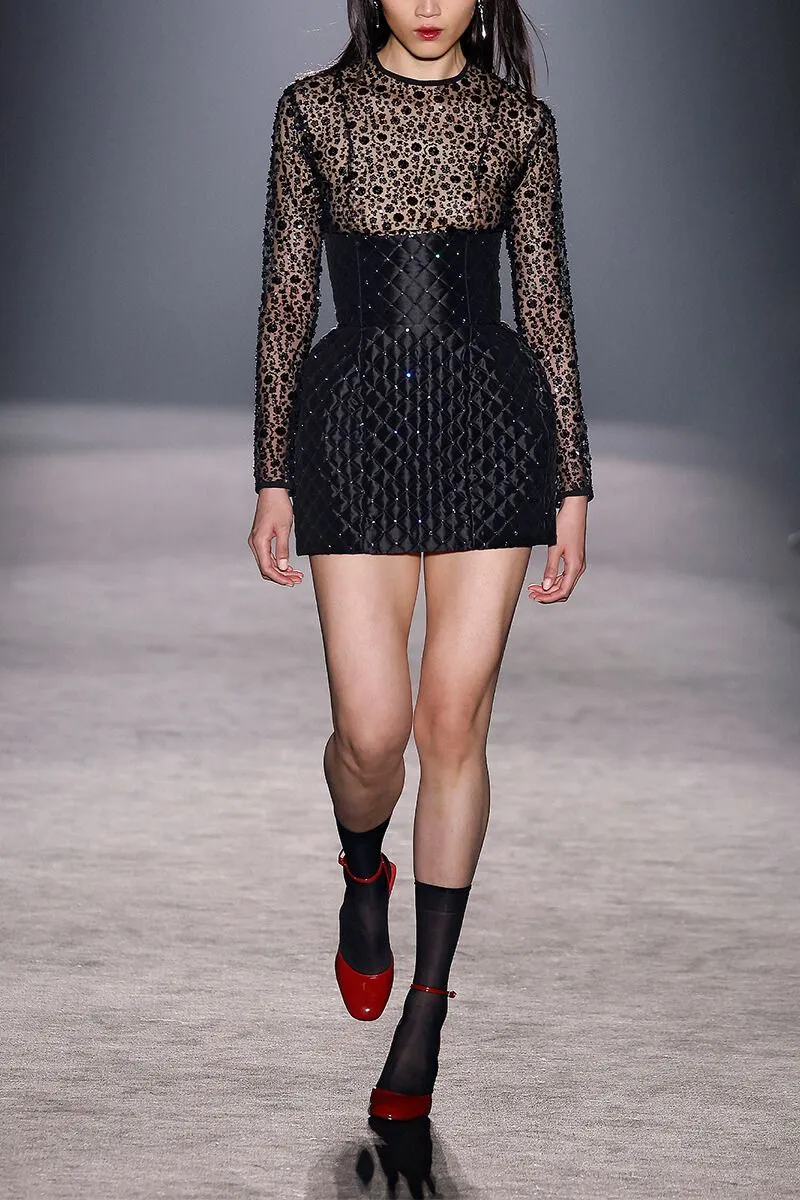 BLACK CRYSTAL QUILTED MINI SKIRT