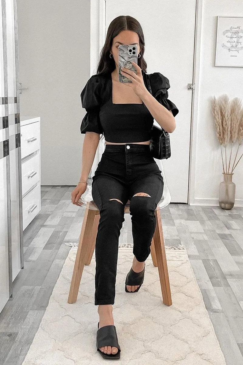 Black Knee Rip Stretch Denim Jeggings - Burnie