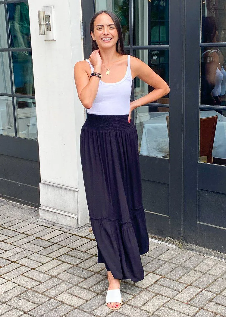 Bobi Smocked Waist Tiered Maxi Skirt