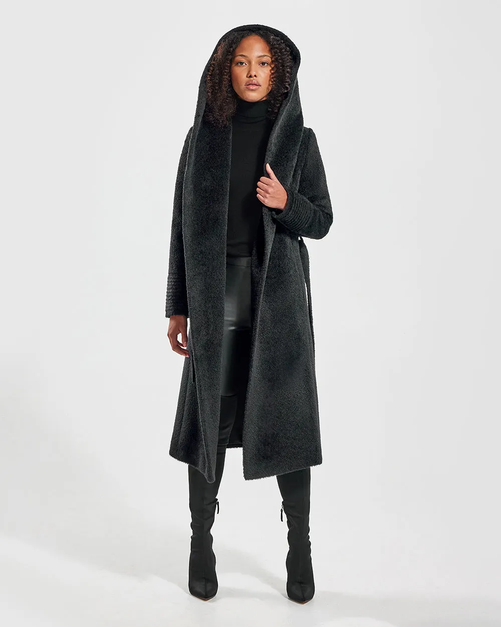 Bouclé Alpaca Long Hooded Wrap Coat