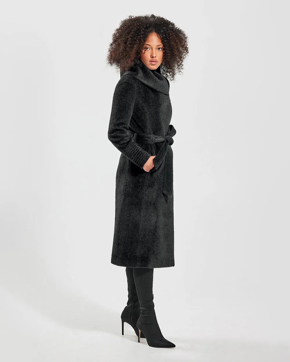 Bouclé Alpaca Long Hooded Wrap Coat