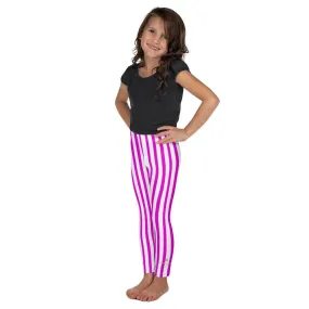 Bright Pink Striped Kids Leggings, White Vertical Stripe Girls Workout Pants- Made in USA/EU