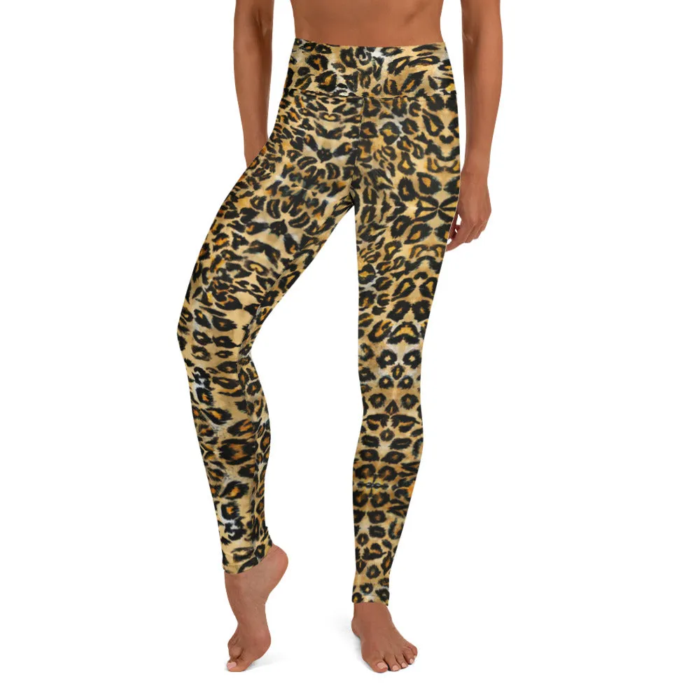 Brown Leopard Women's Yoga Leggings, Animal Print Ladies' Long Tights-Made in USA/EU/MX