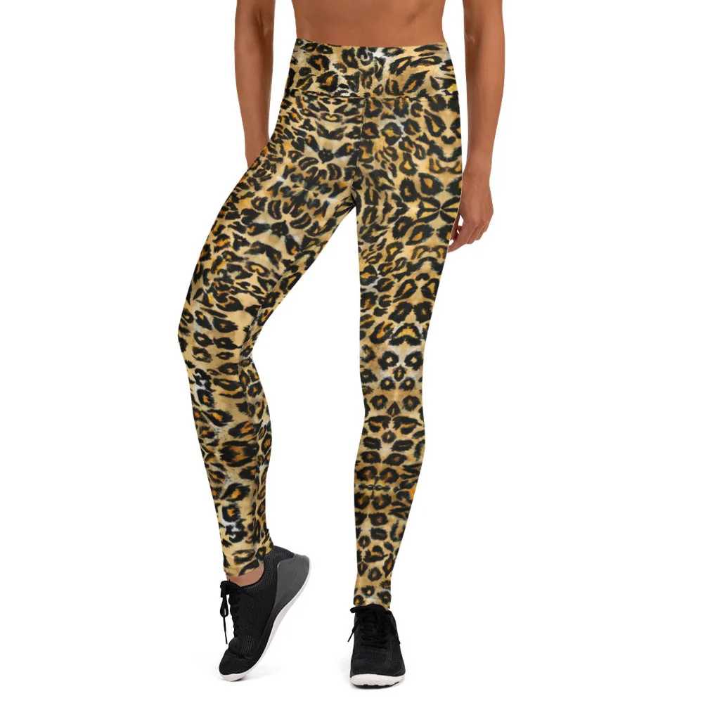 Brown Leopard Women's Yoga Leggings, Animal Print Ladies' Long Tights-Made in USA/EU/MX