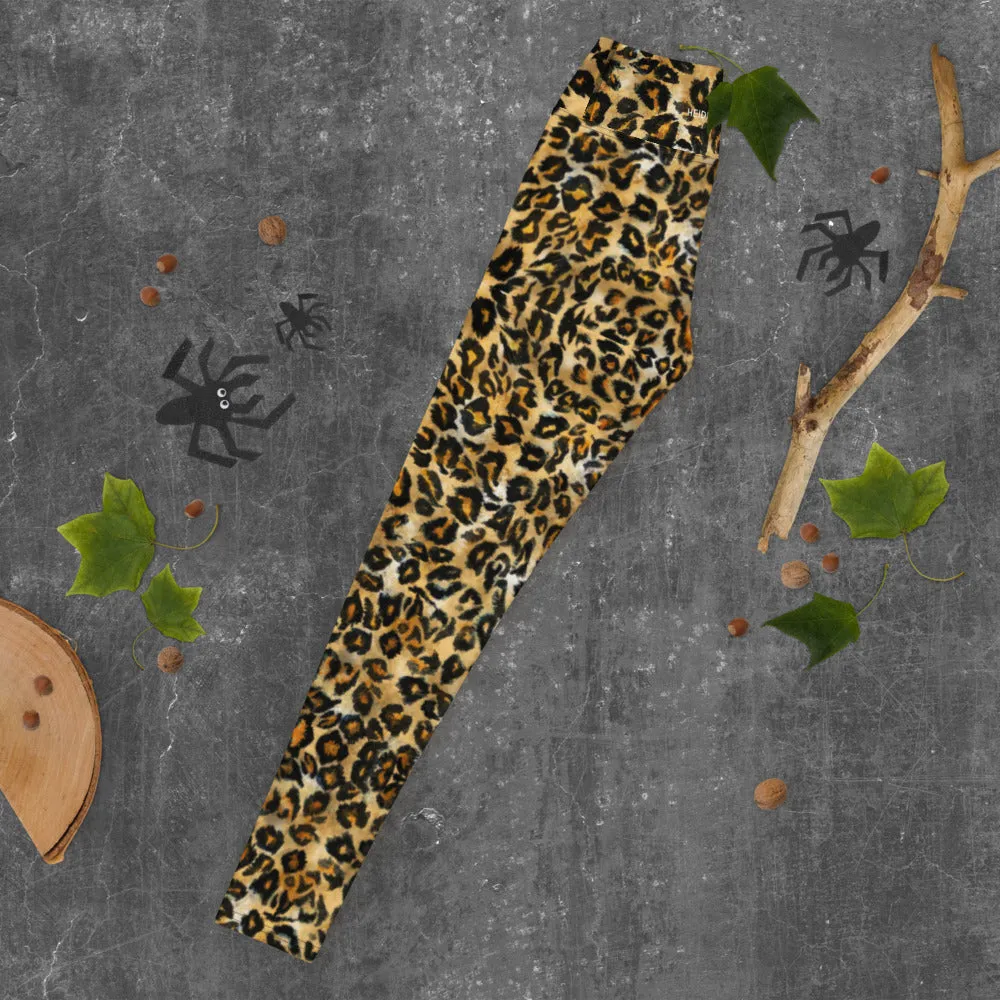 Brown Leopard Women's Yoga Leggings, Animal Print Ladies' Long Tights-Made in USA/EU/MX