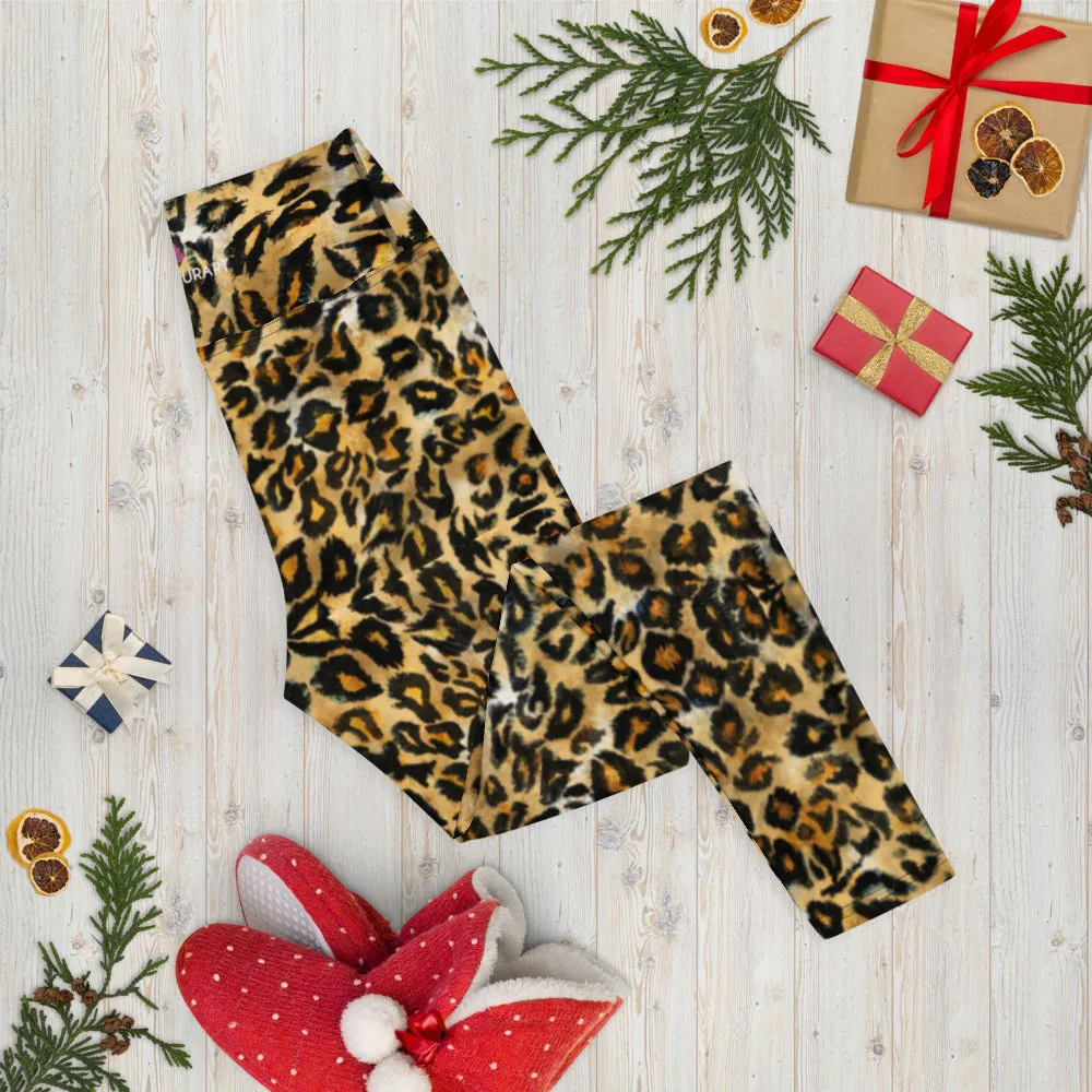 Brown Leopard Women's Yoga Leggings, Animal Print Ladies' Long Tights-Made in USA/EU/MX
