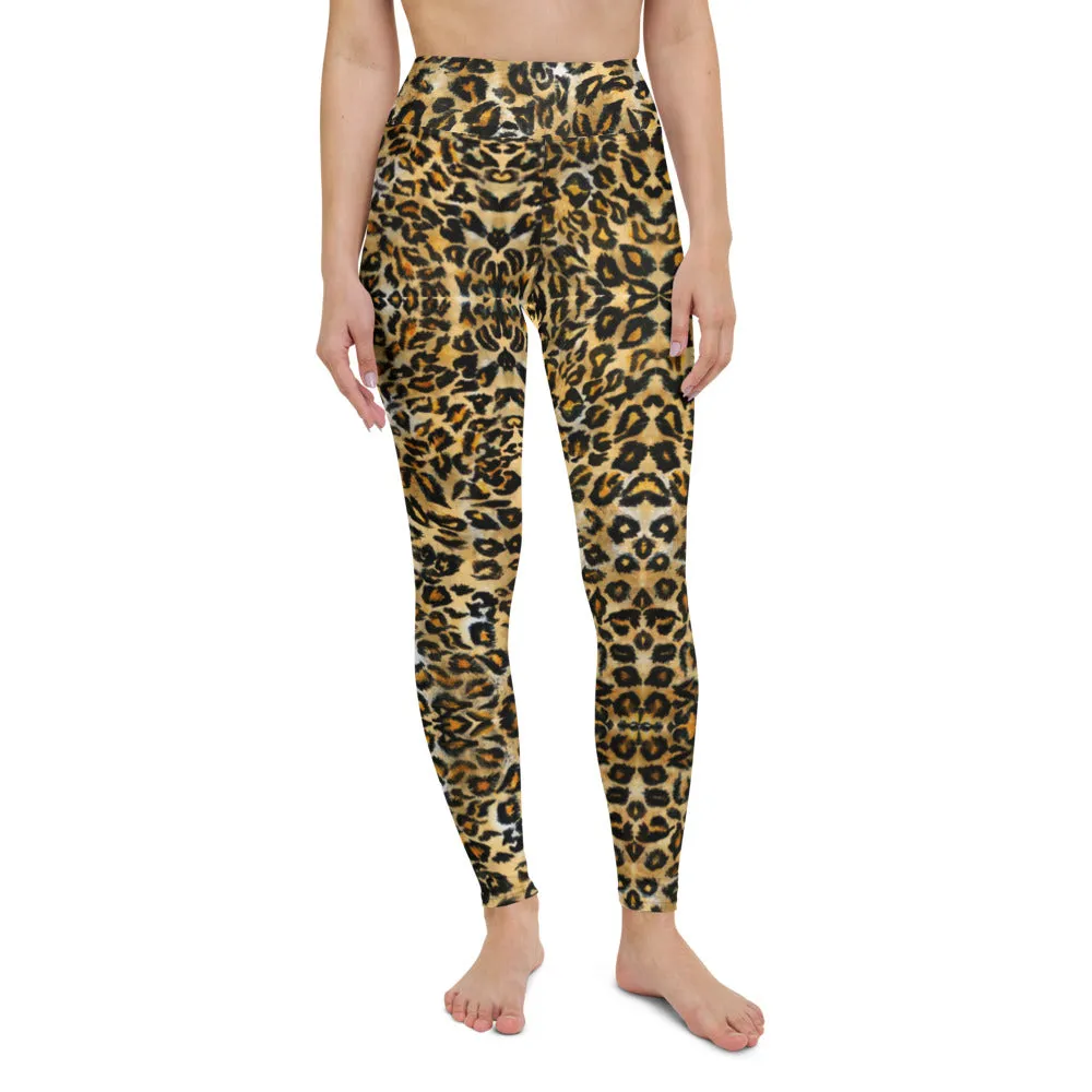 Brown Leopard Women's Yoga Leggings, Animal Print Ladies' Long Tights-Made in USA/EU/MX