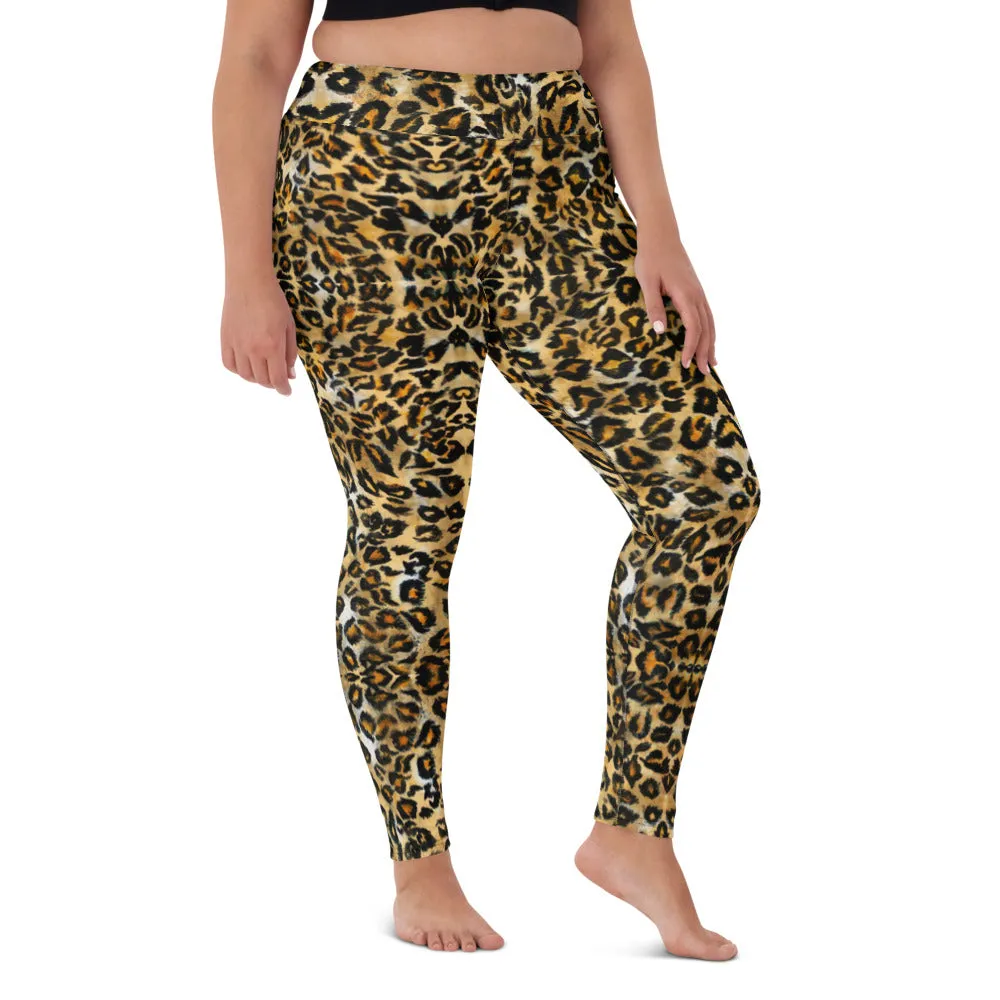 Brown Leopard Women's Yoga Leggings, Animal Print Ladies' Long Tights-Made in USA/EU/MX