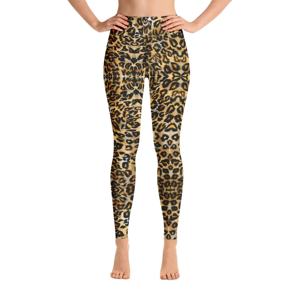 Brown Leopard Women's Yoga Leggings, Animal Print Ladies' Long Tights-Made in USA/EU/MX