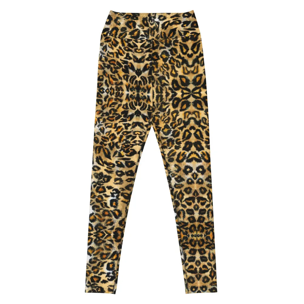 Brown Leopard Women's Yoga Leggings, Animal Print Ladies' Long Tights-Made in USA/EU/MX