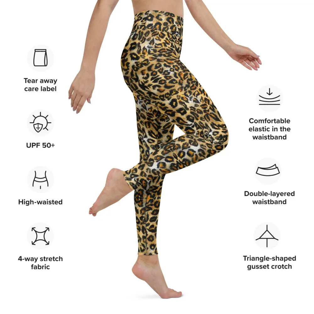 Brown Leopard Women's Yoga Leggings, Animal Print Ladies' Long Tights-Made in USA/EU/MX
