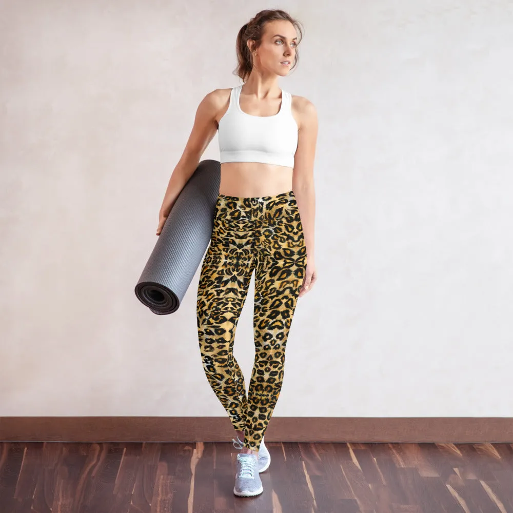 Brown Leopard Women's Yoga Leggings, Animal Print Ladies' Long Tights-Made in USA/EU/MX
