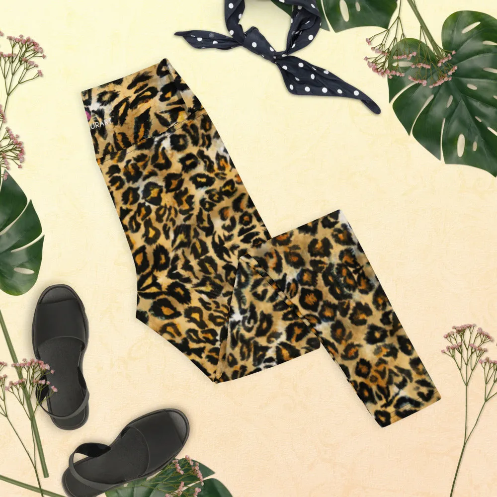 Brown Leopard Women's Yoga Leggings, Animal Print Ladies' Long Tights-Made in USA/EU/MX