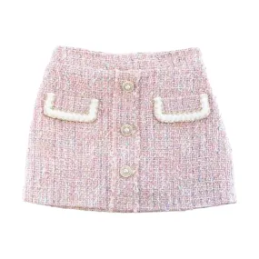 Button Front Pink Tweed Skirt