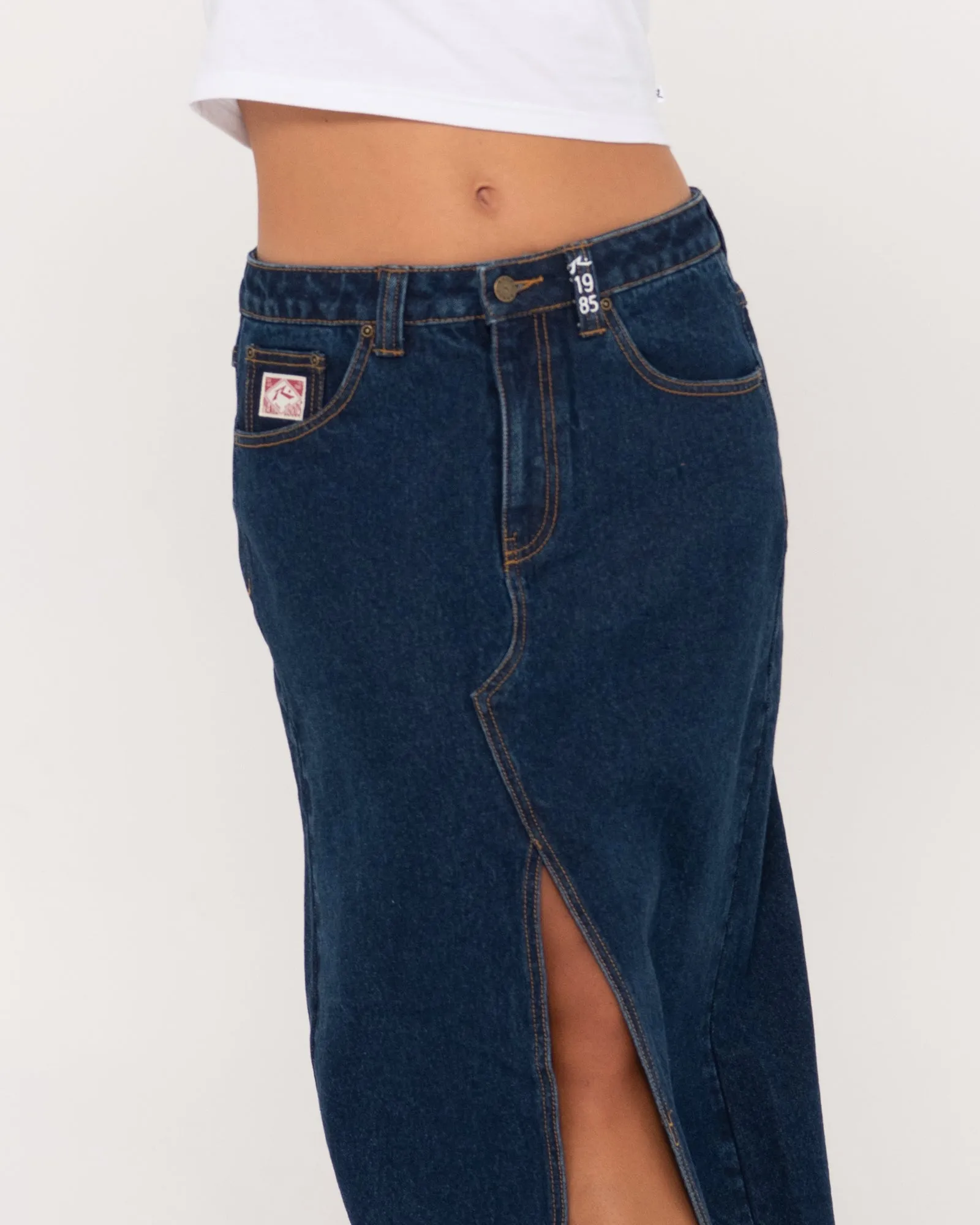 Celeste Low Rise Denim Maxi Skirt