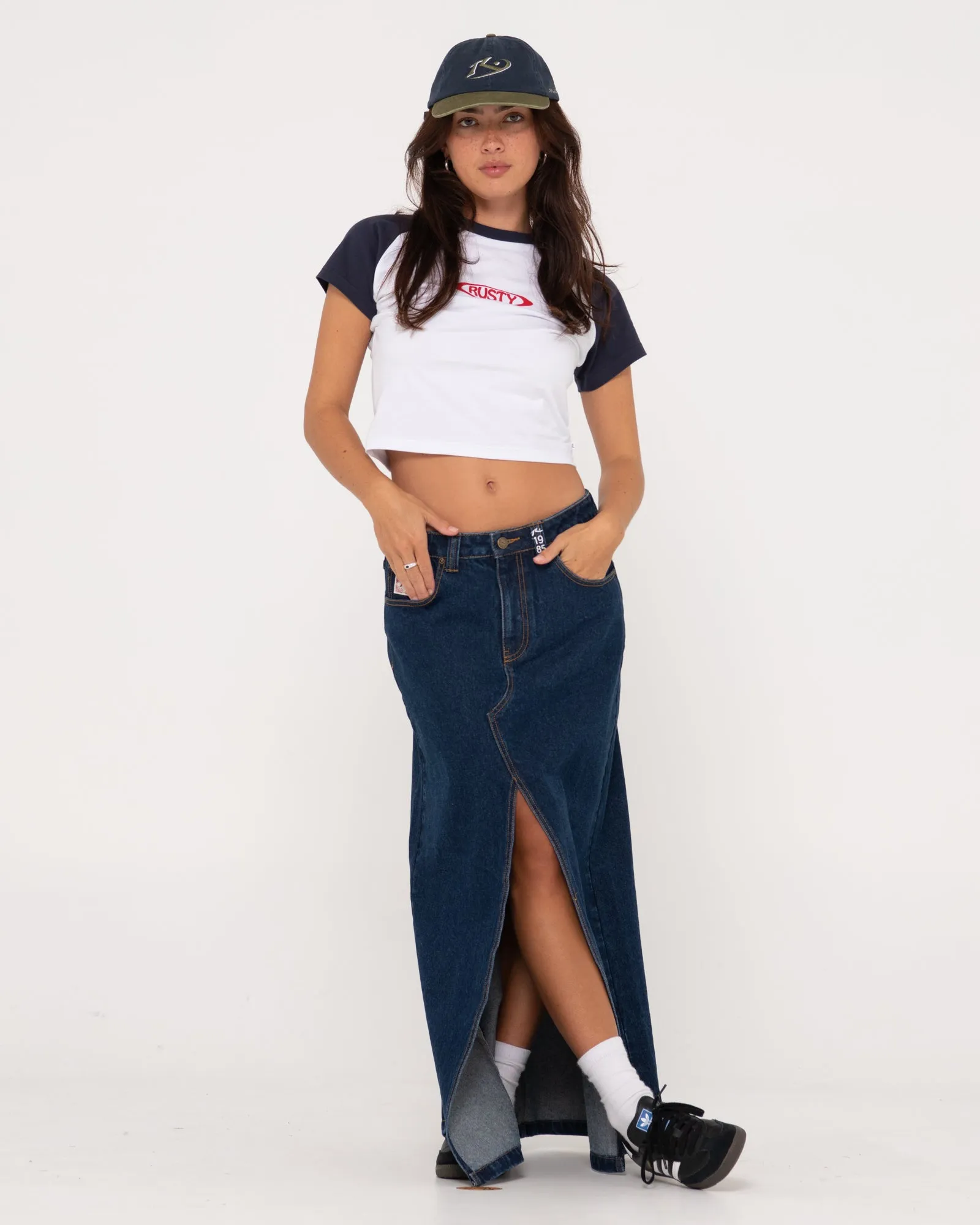 Celeste Low Rise Denim Maxi Skirt