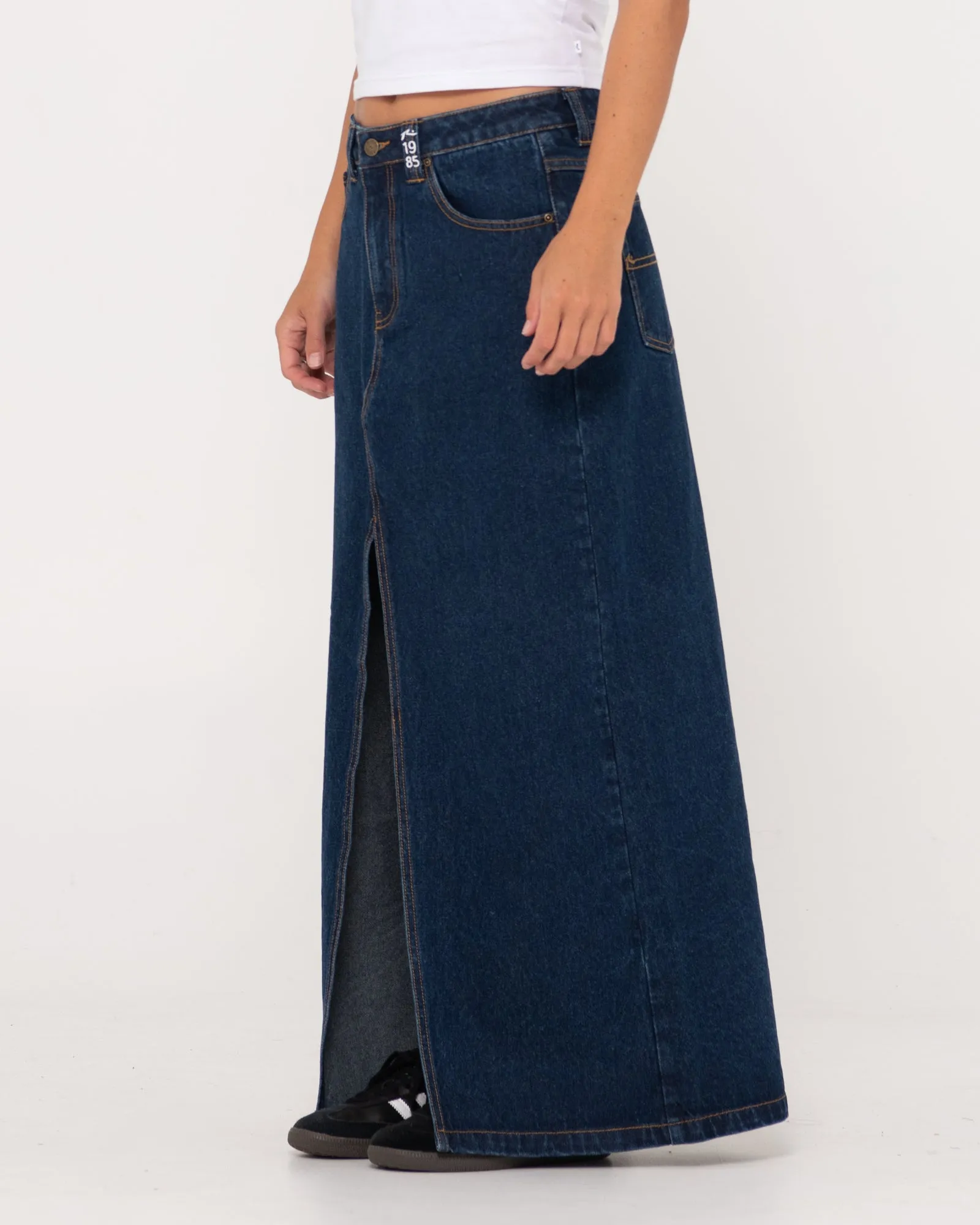 Celeste Low Rise Denim Maxi Skirt