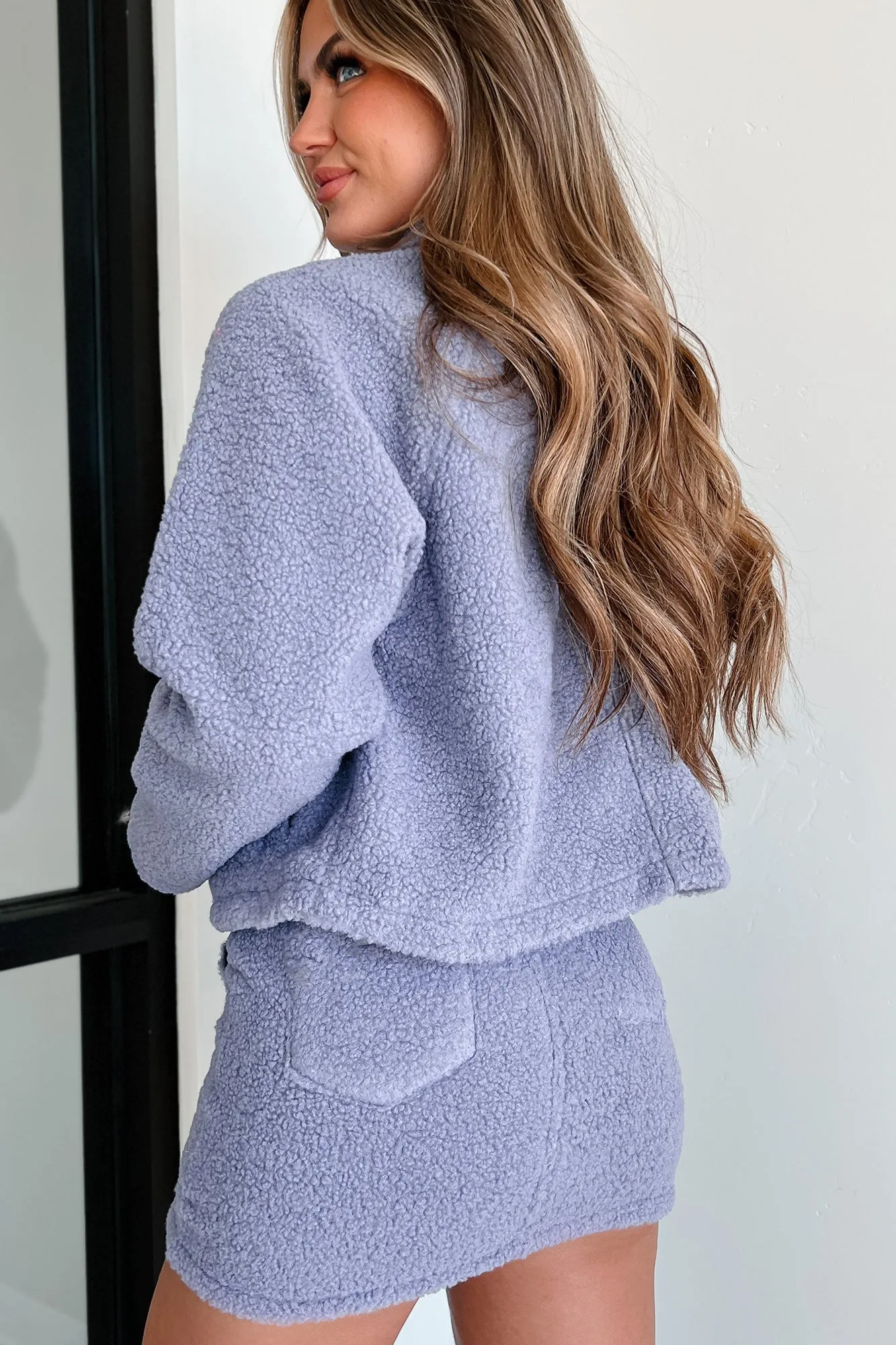 Cozy Glam Sherpa Jacket & Mini Skirt Two-Piece Set (Dark Lavender)