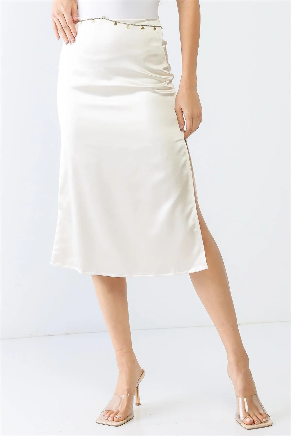 Cream Satin Ruched Back High Waist Side Slit Gold Chain Midi Skirt /1-2-2-1