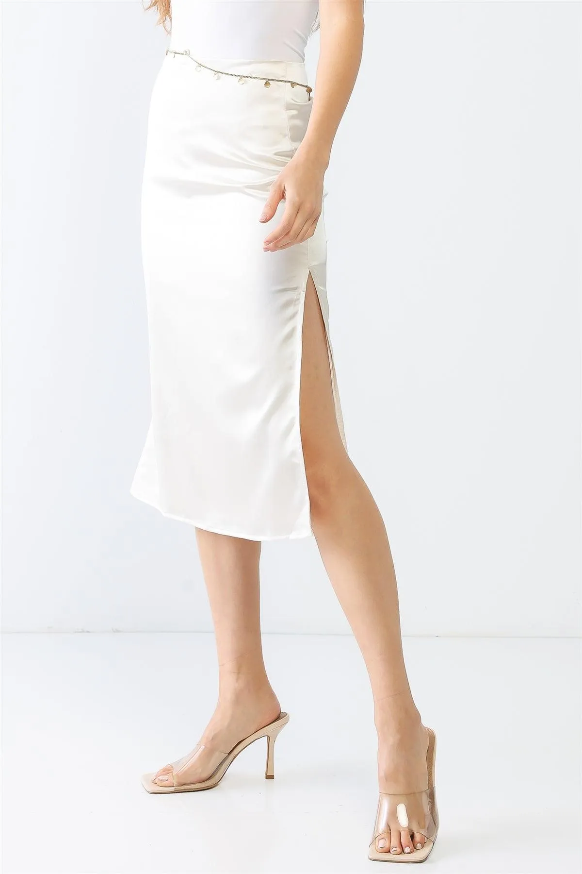 Cream Satin Ruched Back High Waist Side Slit Gold Chain Midi Skirt /1-2-2-1