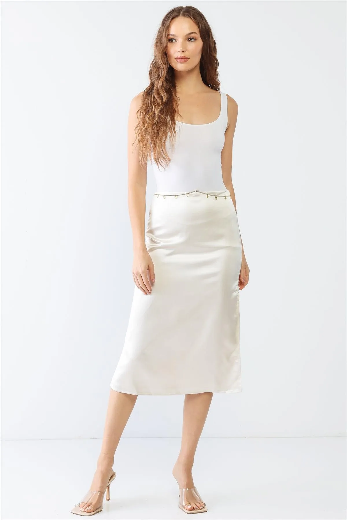 Cream Satin Ruched Back High Waist Side Slit Gold Chain Midi Skirt /1-2-2-1