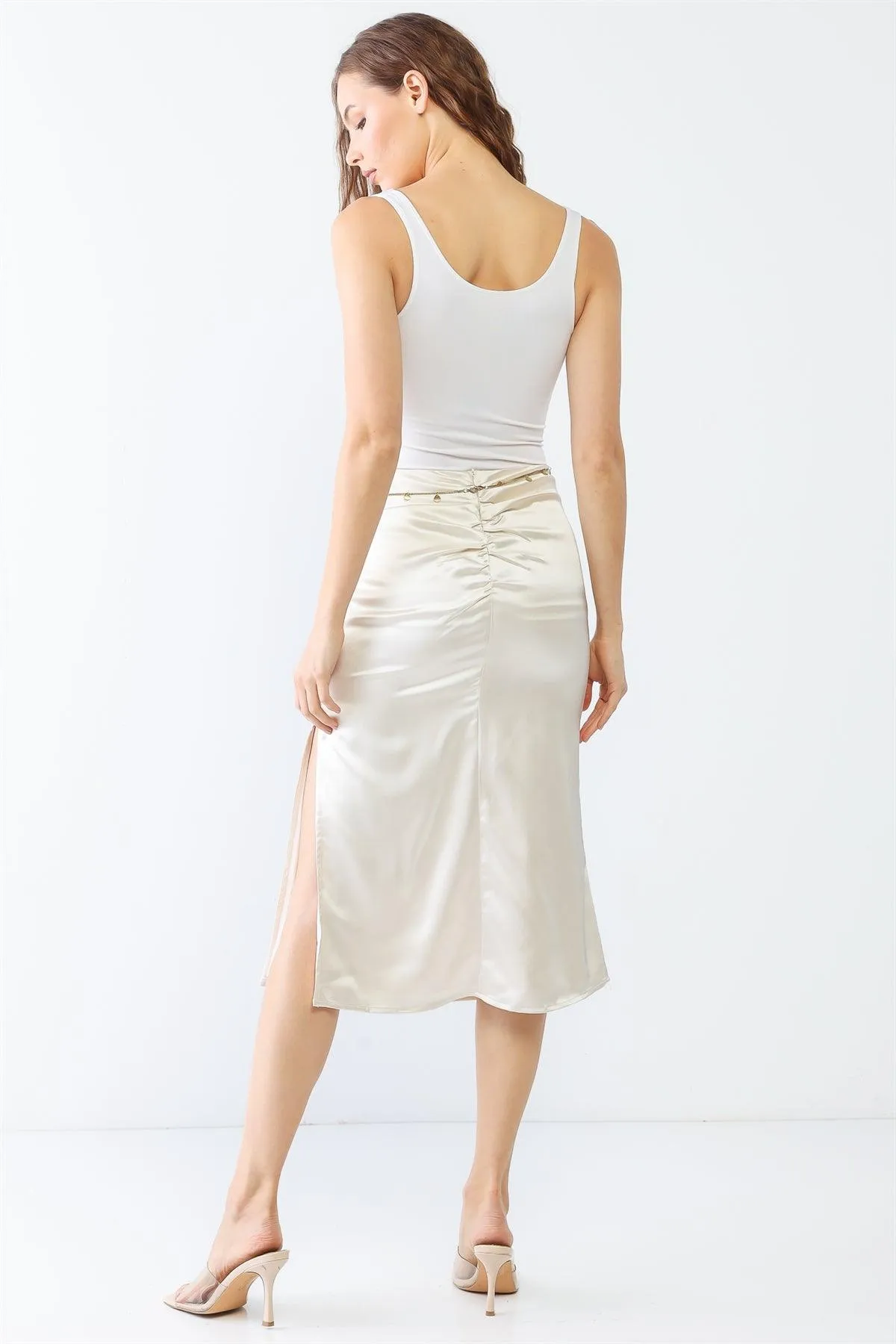 Cream Satin Ruched Back High Waist Side Slit Gold Chain Midi Skirt /1-2-2-1