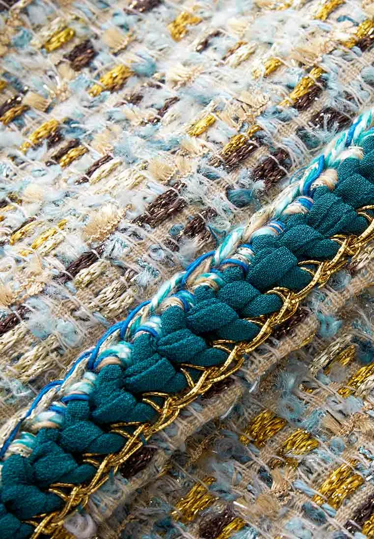 Earth Tone Blue And Gold Detailing Tweed Jacket