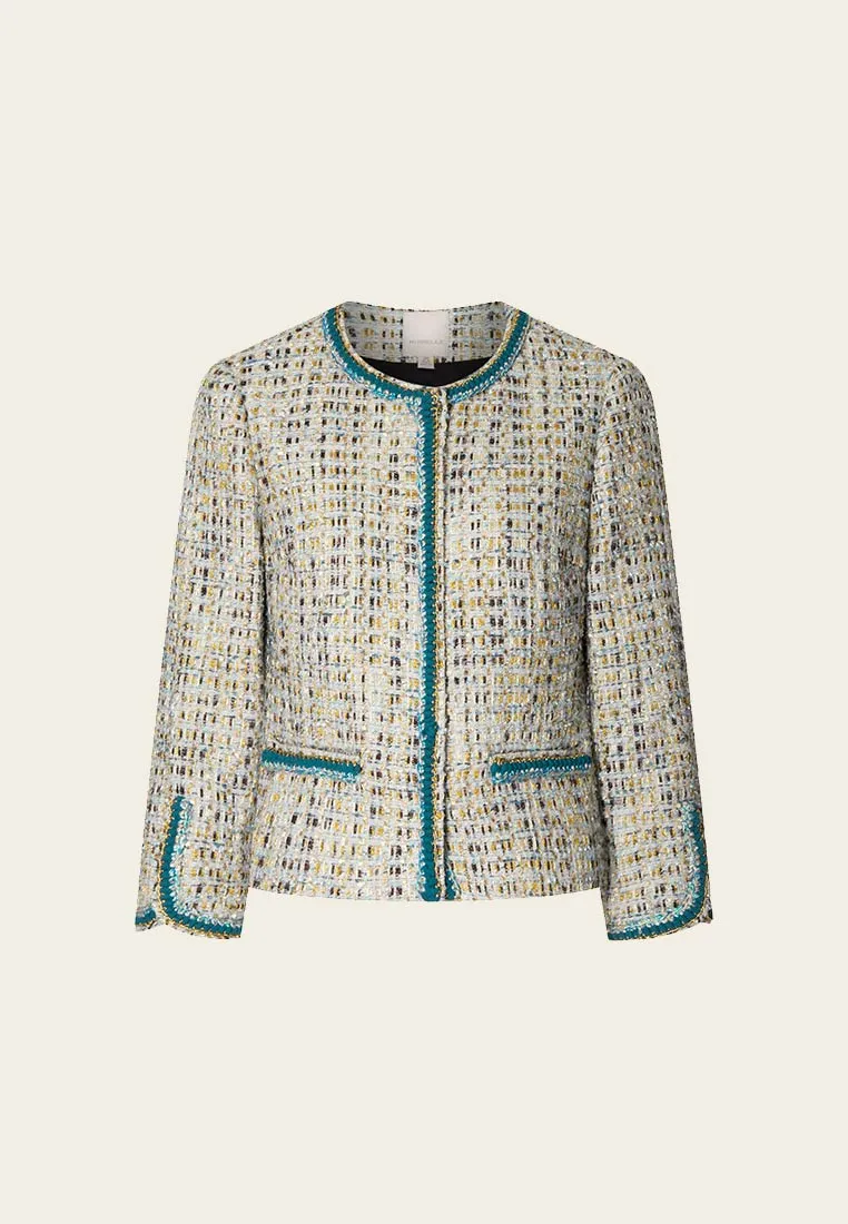 Earth Tone Blue And Gold Detailing Tweed Jacket