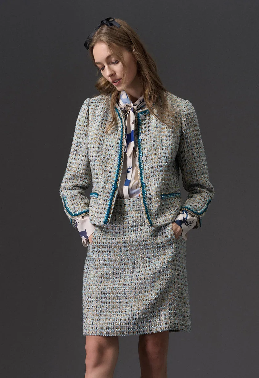 Earth Tone Blue And Gold Detailing Tweed Jacket