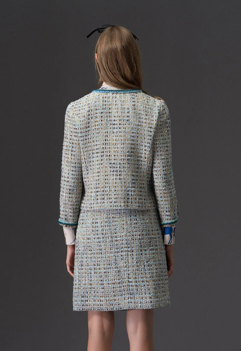 Earth Tone Blue And Gold Detailing Tweed Jacket